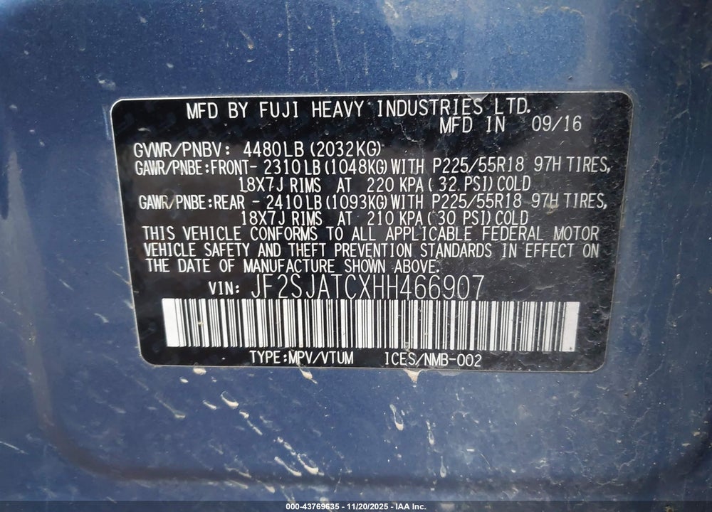 2017 SUBARU FORESTER 2.5I TOURING VIN: JF2SJATCXHH466907
