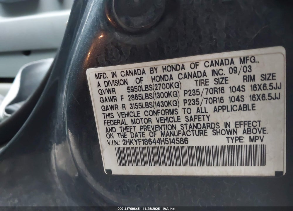 2004 HONDA PILOT EX-L VIN: 2HKYF18644H514586