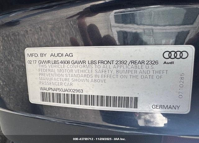 2018 AUDI A5 PREMIUM VIN: WAUPNAF50JA002963
