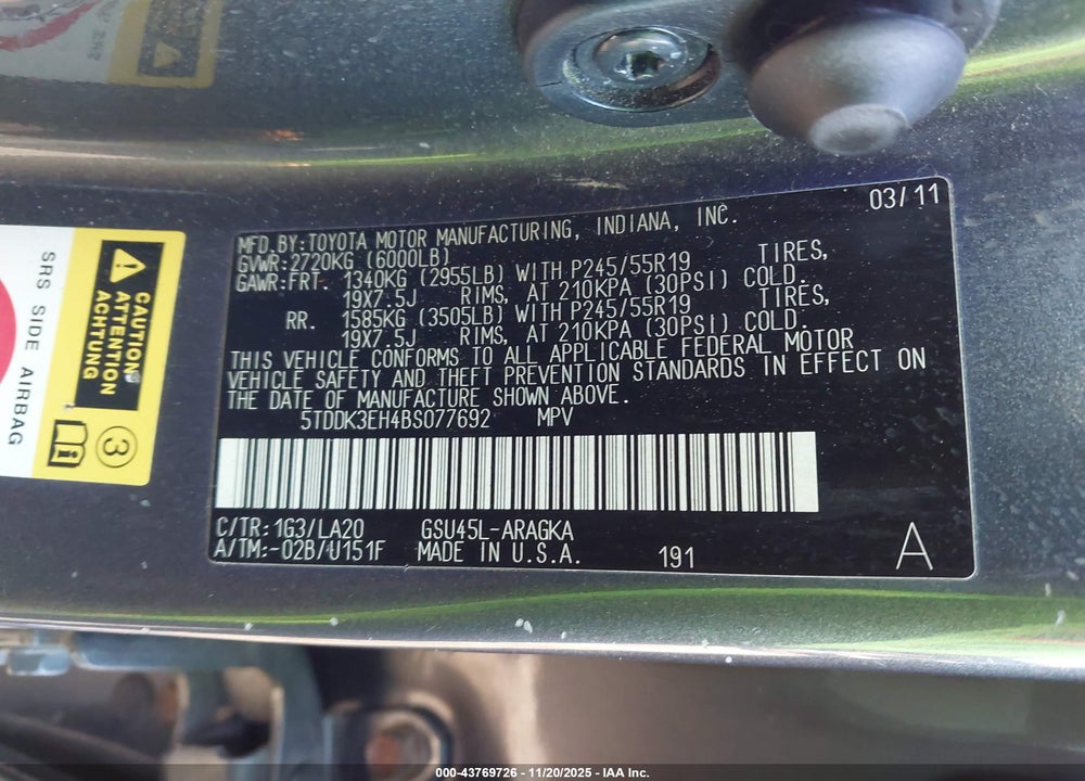 2011 TOYOTA HIGHLANDER LIMITED V6 VIN: 5TDDK3EH4BS077692