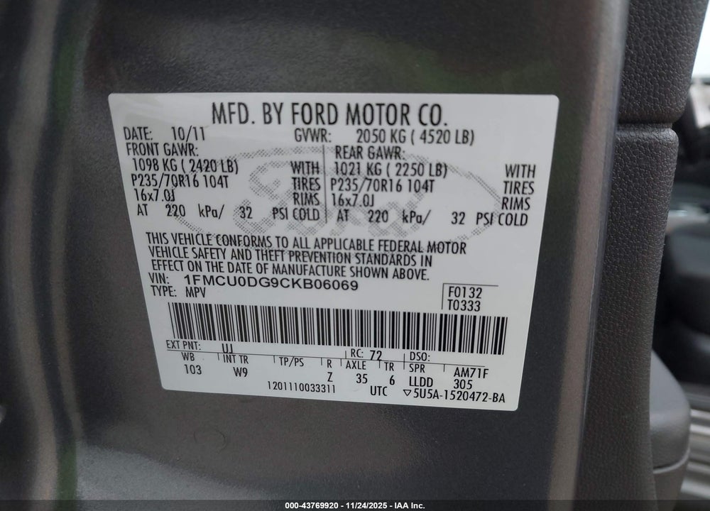 2012 FORD ESCAPE XLT VIN: 1FMCU0DG9CKB06069