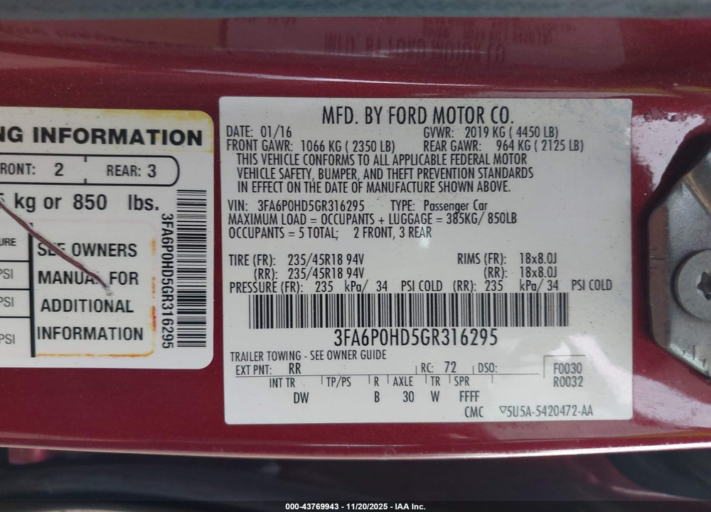 2016 FORD FUSION VIN: 3FA6P0HD5GR316295