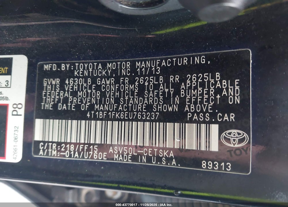 2014 TOYOTA CAMRY SE SPORT VIN: 4T1BF1FK6EU763237
