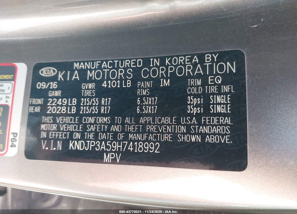 2017 KIA SOUL VIN: KNDJP3A59H7418992