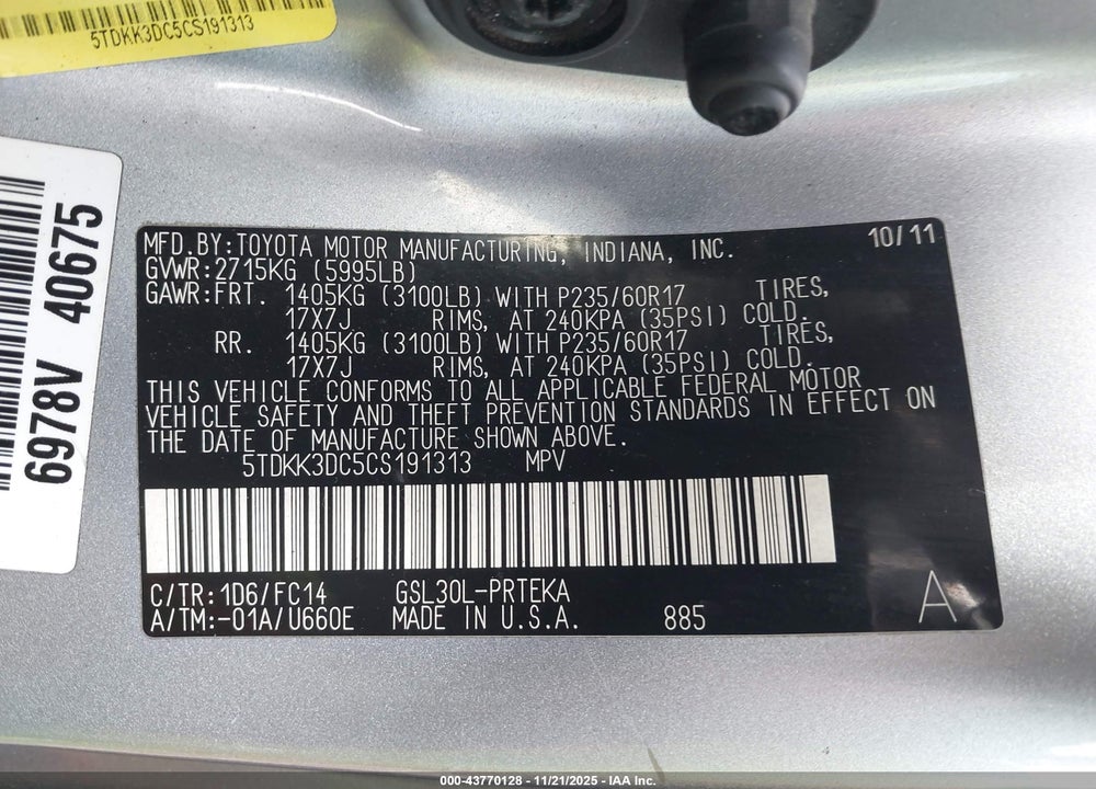 2012 TOYOTA SIENNA LE V6 8 PASSENGER VIN: 5TDKK3DC5CS191313