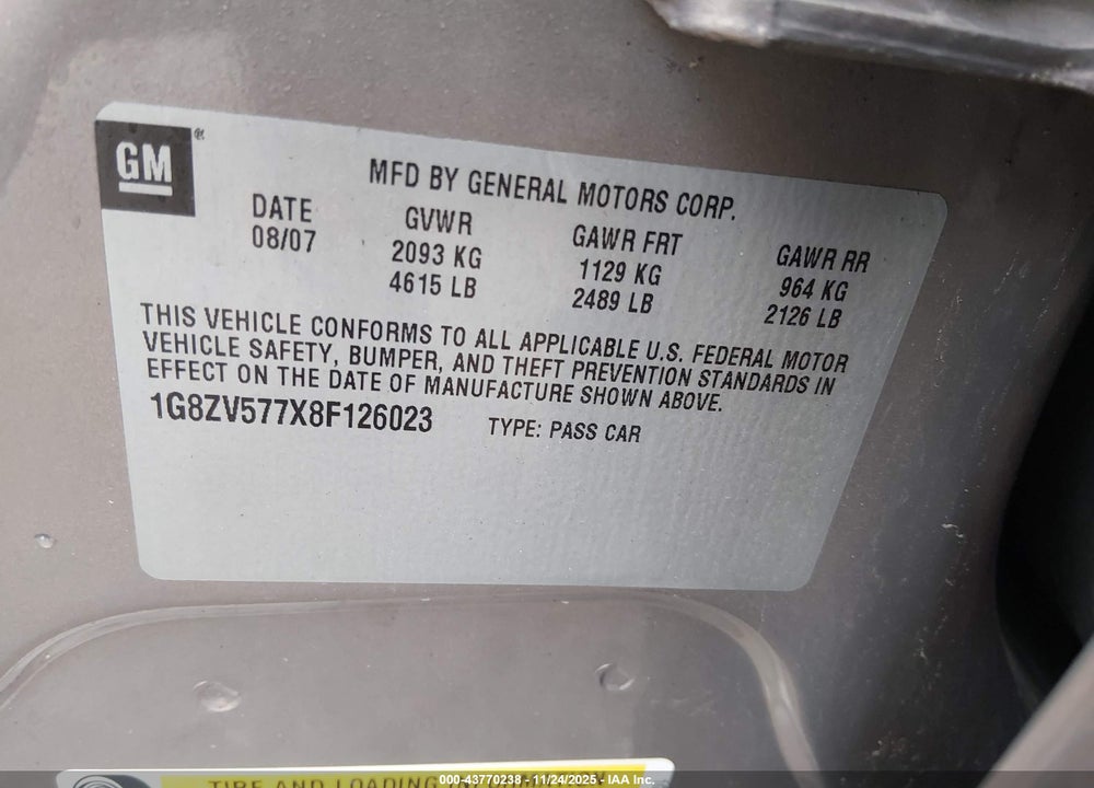 2008 SATURN AURA VIN: 1G8ZV577X8F126023