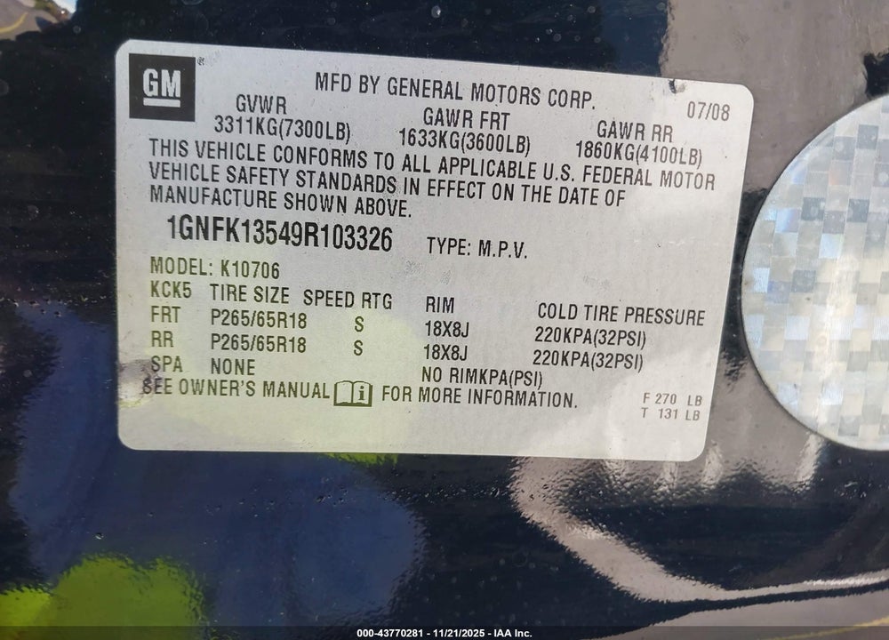 2009 CHEVROLET TAHOE HYBRID VIN: 1GNFK13549R103326