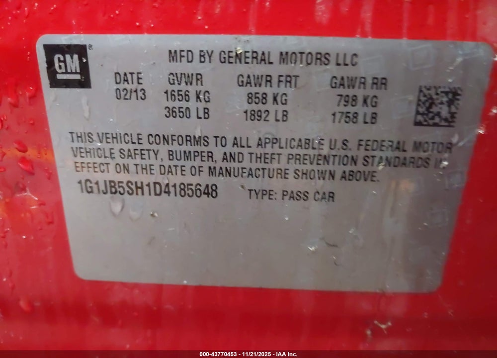 2013 CHEVROLET SONIC VIN: 1G1JB5SH1D4185648