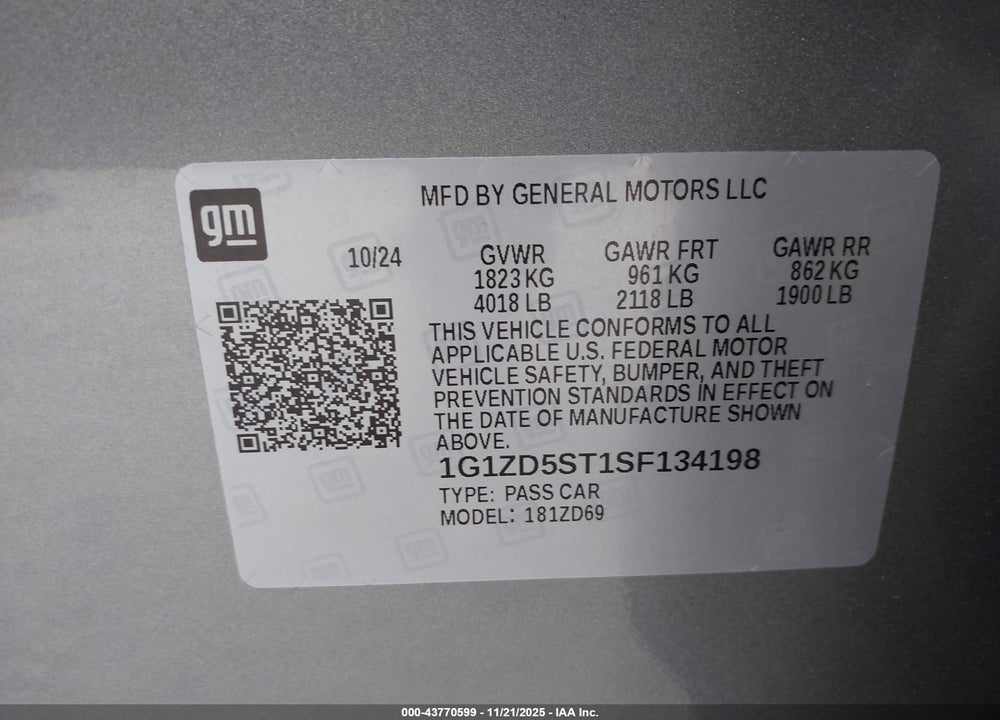 2025 CHEVROLET MALIBU FWD 1LT VIN: 1G1ZD5ST1SF134198