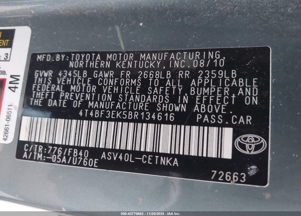 2011 TOYOTA CAMRY VIN: 4T4BF3EK5BR134616