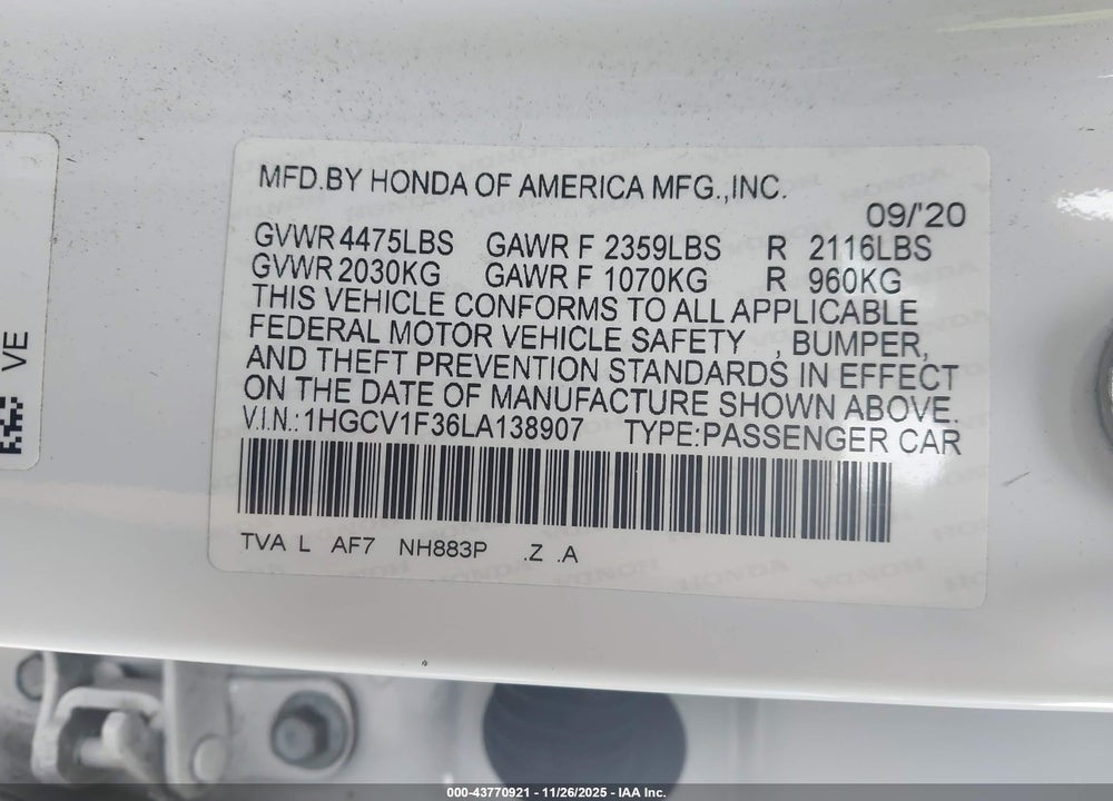 2020 HONDA ACCORD SPORT VIN: 1HGCV1F36LA138907