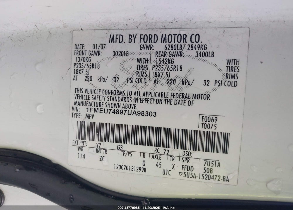 2007 FORD EXPLORER EDDIE BAUER VIN: 1FMEU74897UA98303