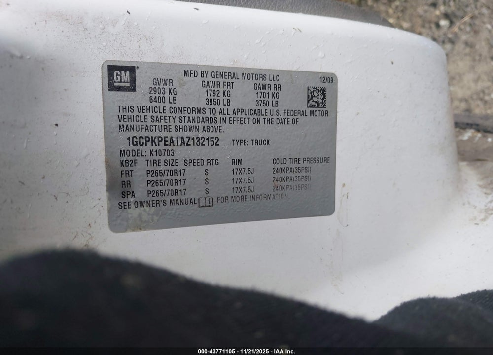 2010 CHEVROLET SILVERADO 1500 WORK TRUCK VIN: 1GCPKPEA1AZ132152