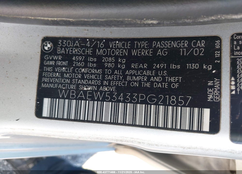2003 BMW 330XI VIN: WBAEW53433PG21857