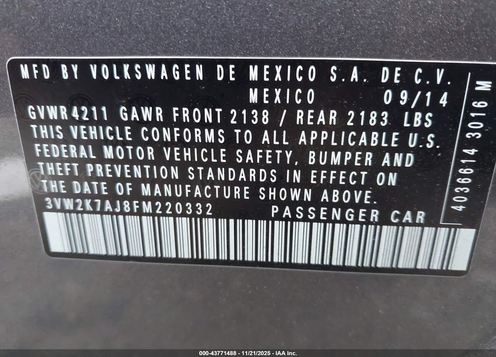 2015 VOLKSWAGEN JETTA 2.0L S VIN: 3VW2K7AJ8FM220332