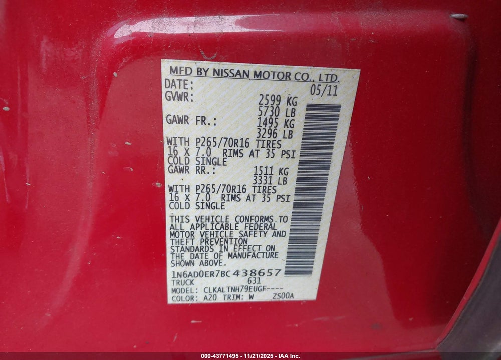 2011 NISSAN FRONTIER SV VIN: 1N6AD0ER7BC438657