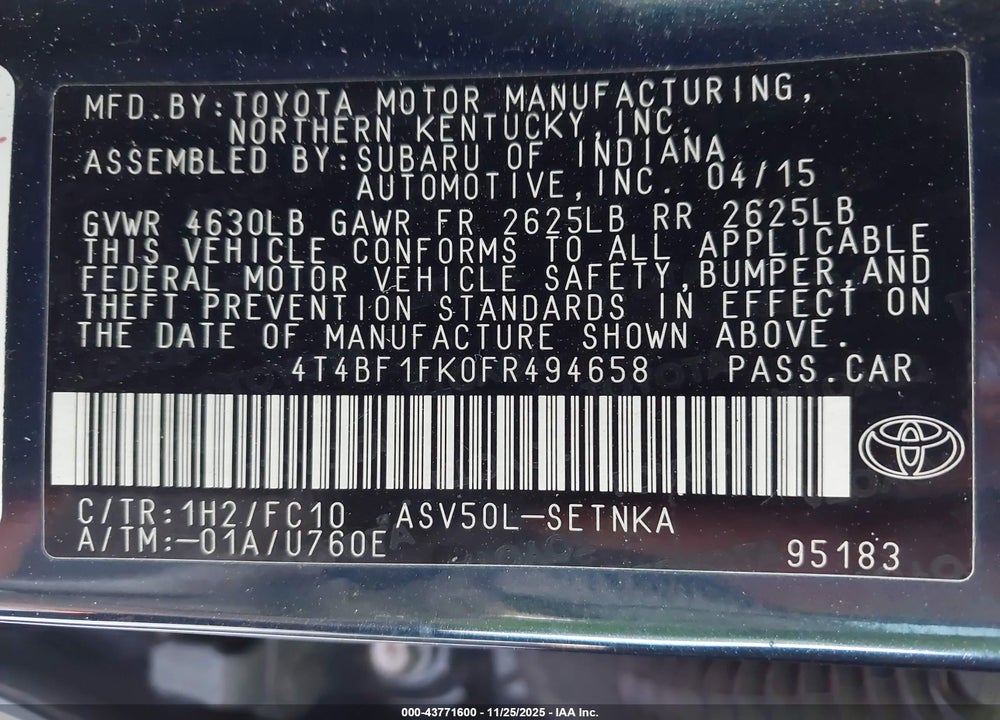 2015 TOYOTA CAMRY LE/XLE/SE/XSE VIN: 4T4BF1FK0FR494658