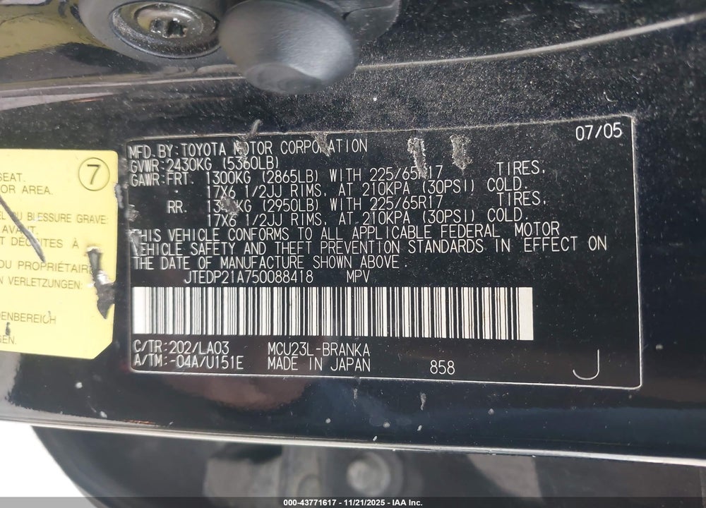 2005 TOYOTA HIGHLANDER LIMITED V6 VIN: JTEDP21A750088418