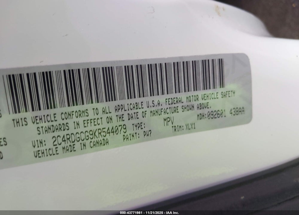 2019 DODGE GRAND CARAVAN SXT VIN: 2C4RDGCG9KR544079
