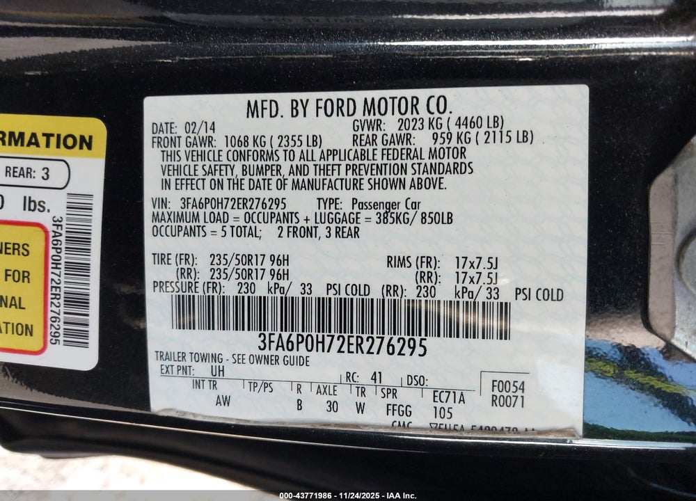 2014 FORD FUSION VIN: 3FA6P0H72ER276295