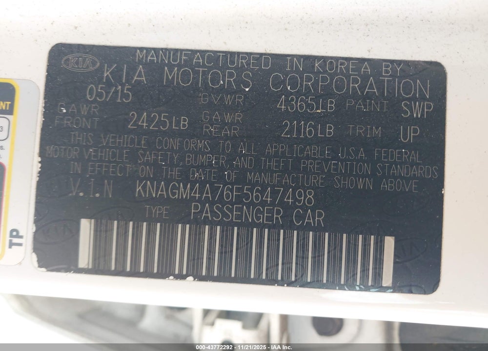 2015 KIA OPTIMA LX VIN: KNAGM4A76F5647498