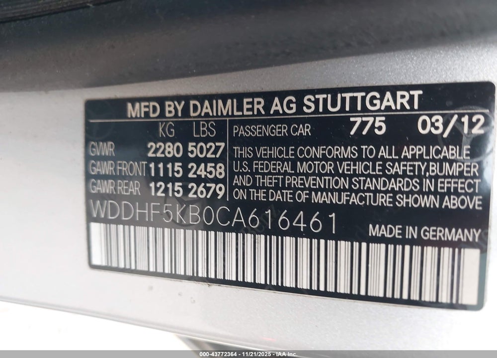 2012 MERCEDES-BENZ E 350 VIN: WDDHF5KB0CA616461