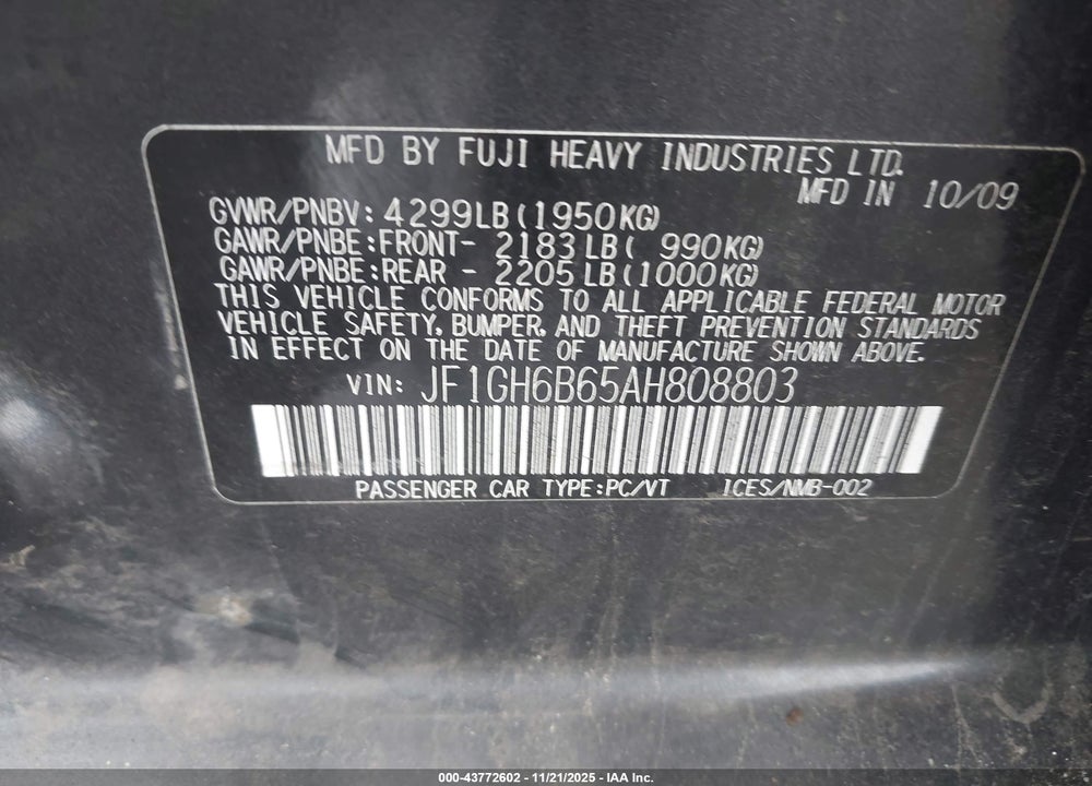 2010 SUBARU IMPREZA 2.5I PREMIUM VIN: JF1GH6B65AH808803