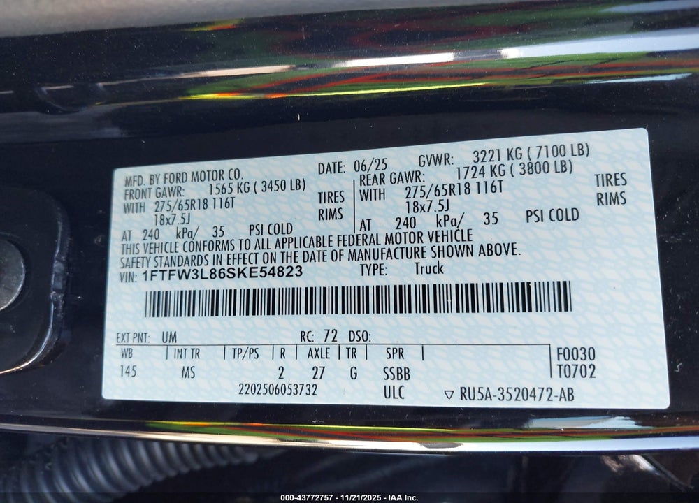 2025 FORD F-150 VIN: 1FTFW3L86SKE54823