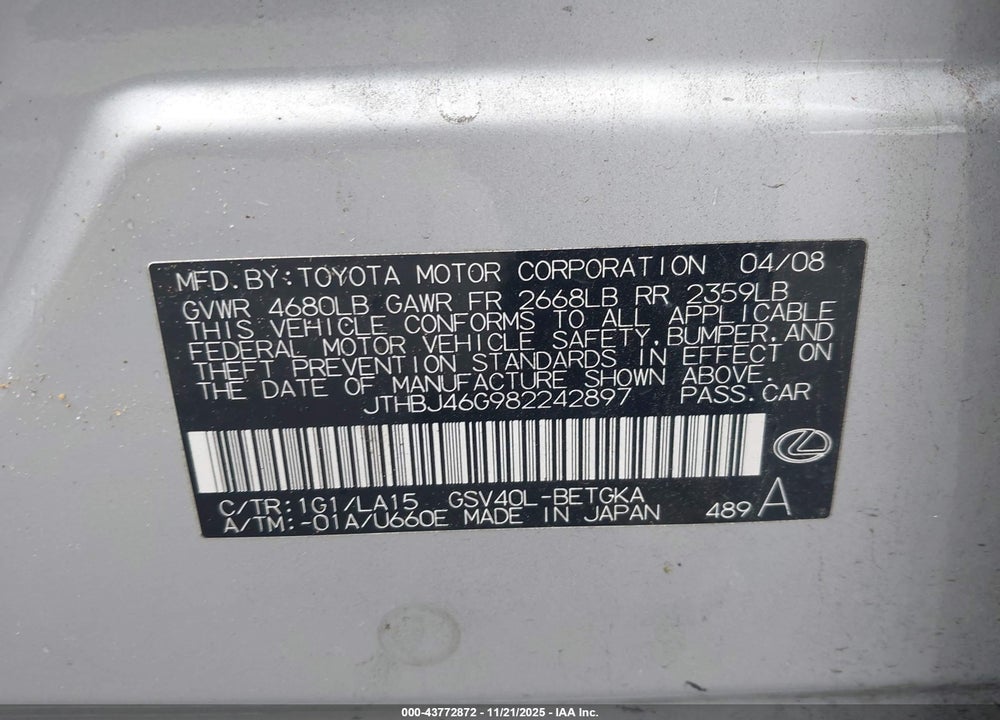 2008 LEXUS ES 350 VIN: JTHBJ46G982242897