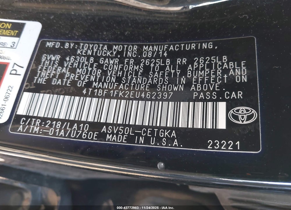 2014 TOYOTA CAMRY VIN: 4T1BF1FK2EU462397