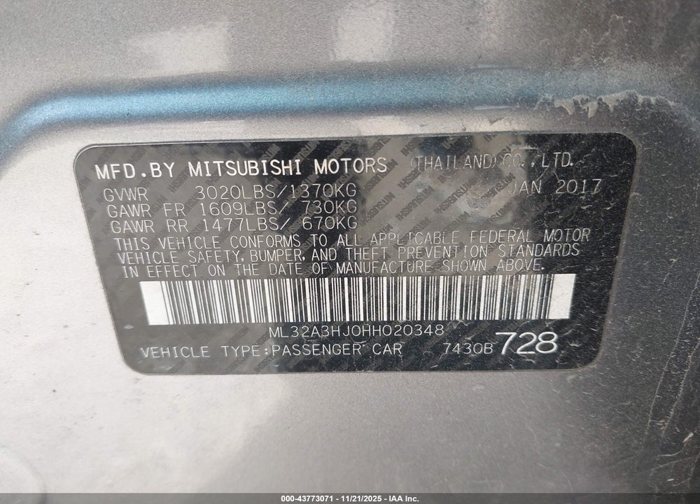 2017 MITSUBISHI MIRAGE ES VIN: ML32A3HJ0HH020348