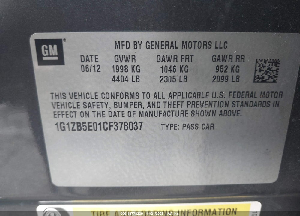 2012 CHEVROLET MALIBU LS VIN: 1G1ZB5E01CF378037