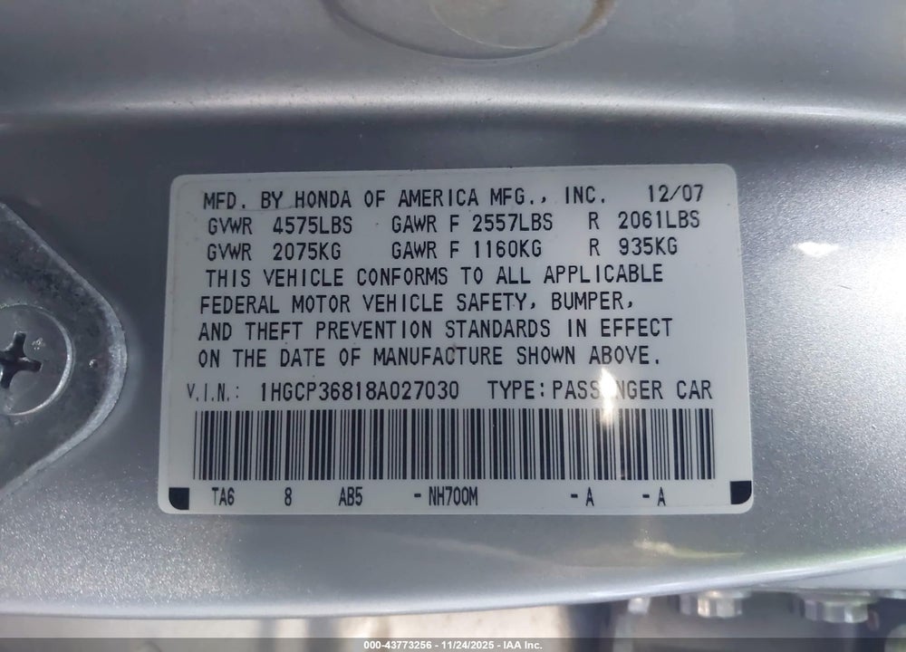 2008 HONDA ACCORD VIN: 1HGCP36818A027030