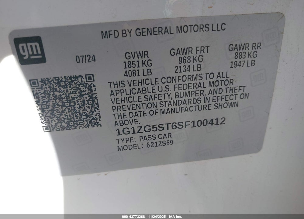 2025 CHEVROLET MALIBU FWD RS VIN: 1G1ZG5ST6SF100412