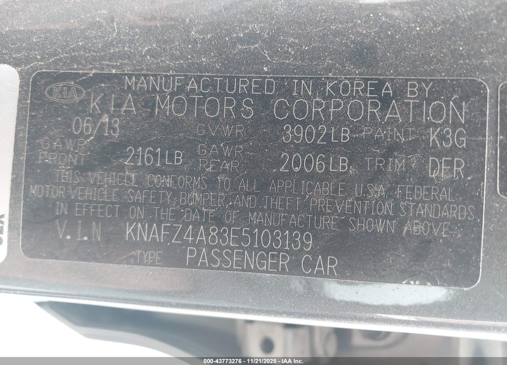 2014 KIA FORTE VIN: KNAFZ4A83E5103139
