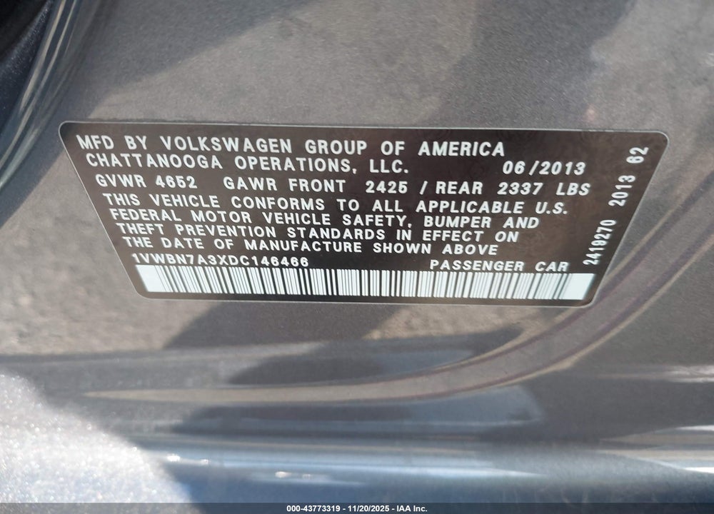 2013 VOLKSWAGEN PASSAT 2.0L TDI SE VIN: 1VWBN7A3XDC146466