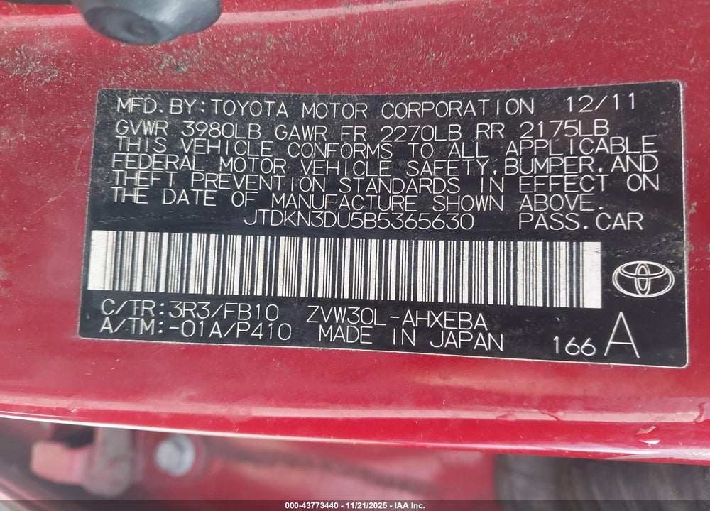 2011 TOYOTA PRIUS THREE VIN: JTDKN3DU5B5365630