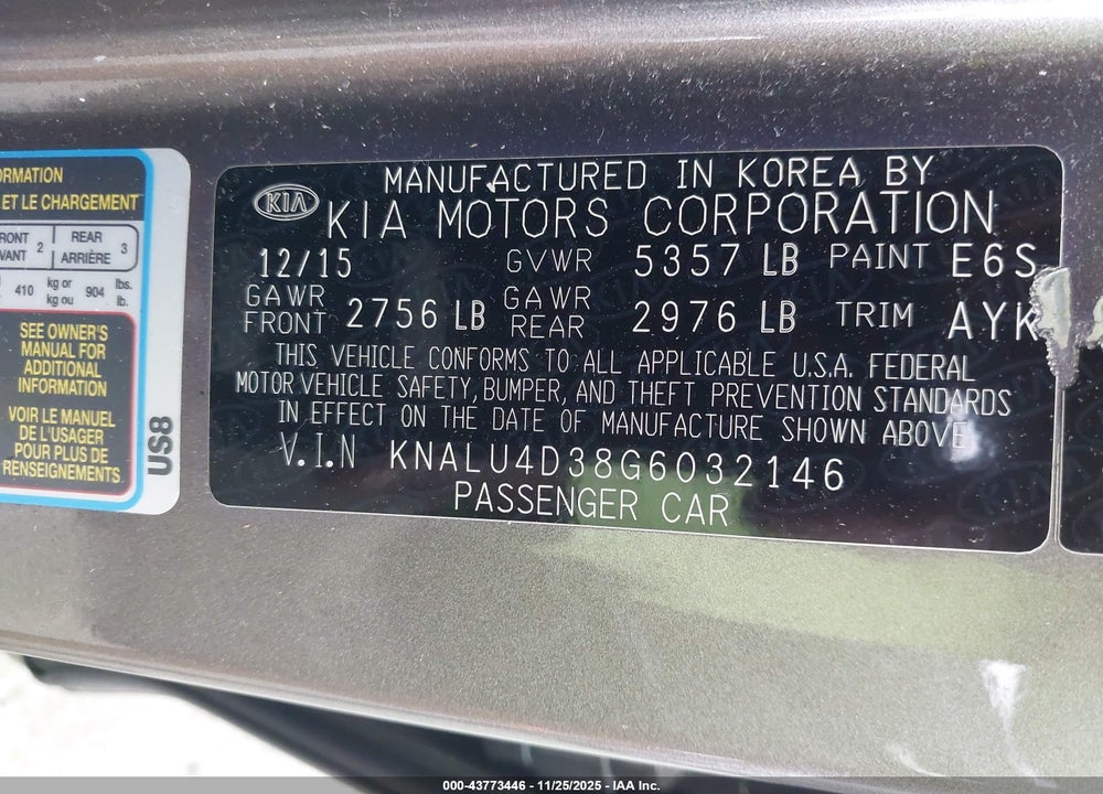 2016 KIA K900 LUXURY 3.8L VIN: KNALU4D38G6032146