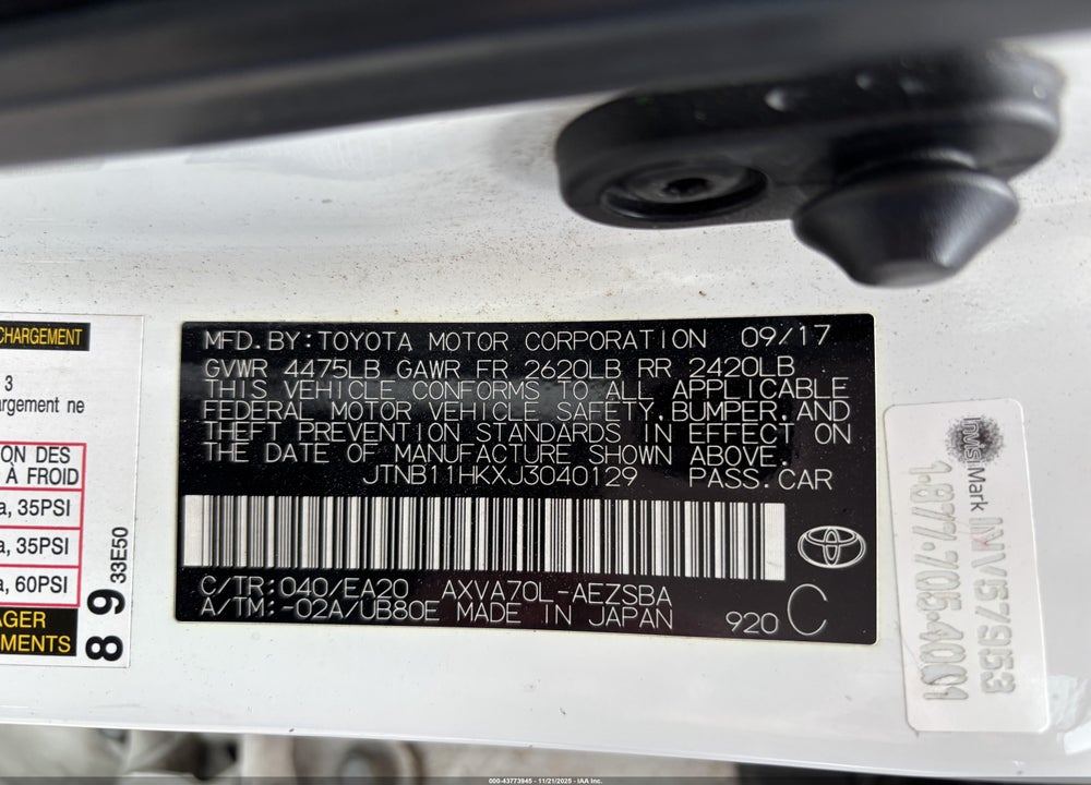 2018 TOYOTA CAMRY L/LE/XLE/SE/XSE VIN: JTNB11HKXJ3040129