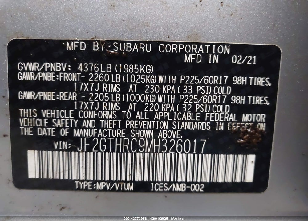 2021 SUBARU CROSSTREK SPORT VIN: JF2GTHRC9MH326017