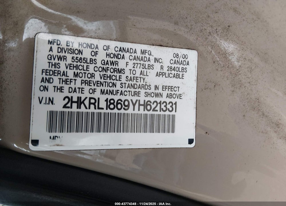 2000 HONDA ODYSSEY EX VIN: 2HKRL1869YH621331