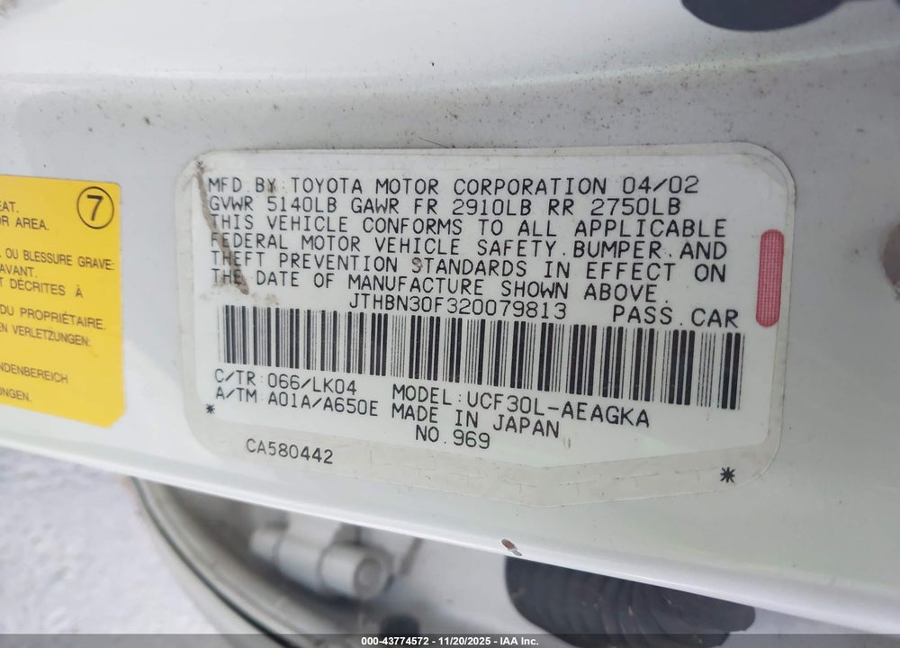 2002 LEXUS LS 430 VIN: JTHBN30F320079813