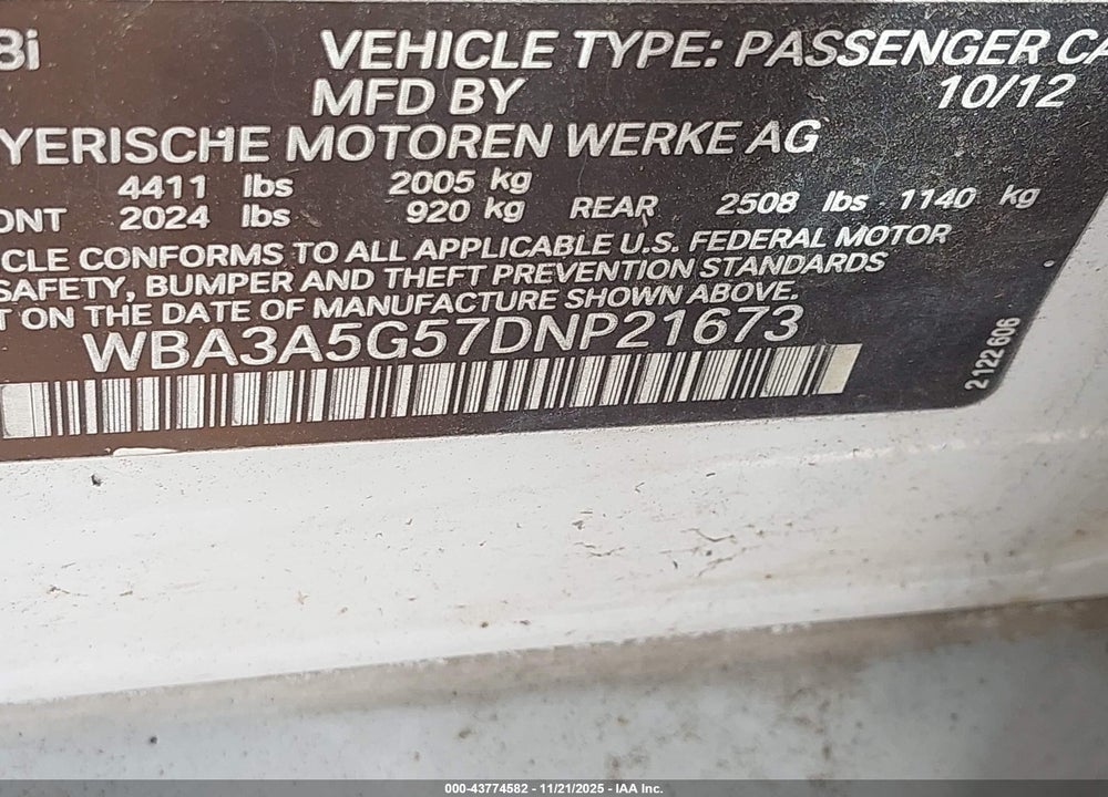 2013 BMW 328I VIN: WBA3A5G57DNP21673