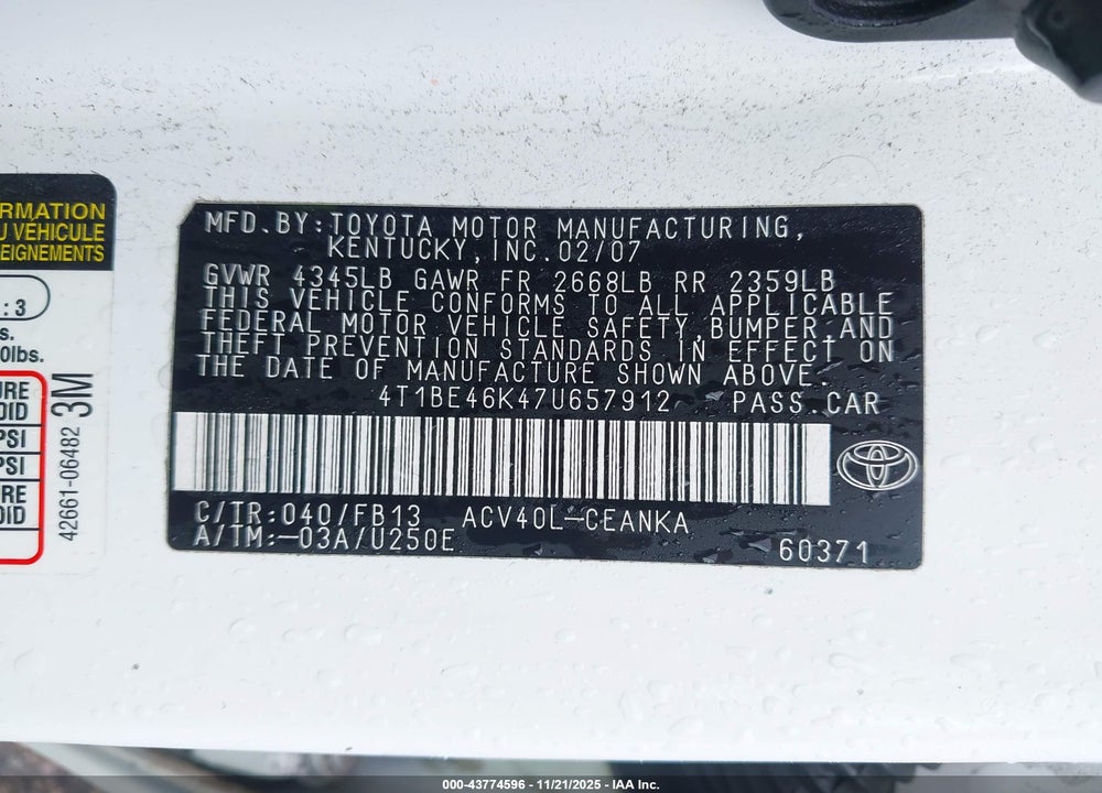 2007 TOYOTA CAMRY LE VIN: 4T1BE46K47U657912