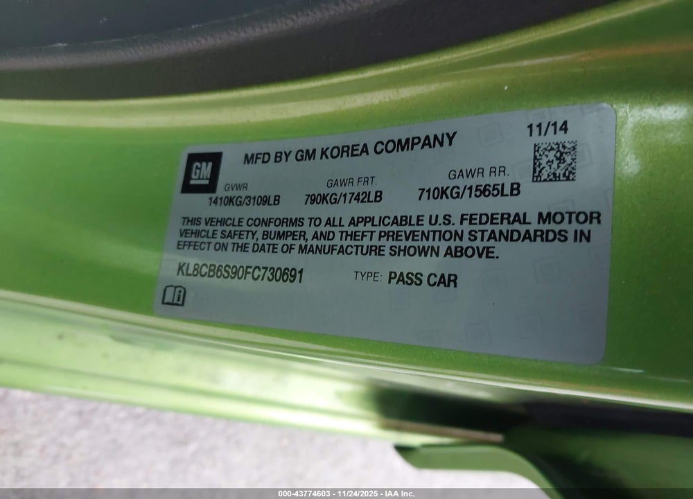 2015 CHEVROLET SPARK LS CVT VIN: KL8CB6S90FC730691