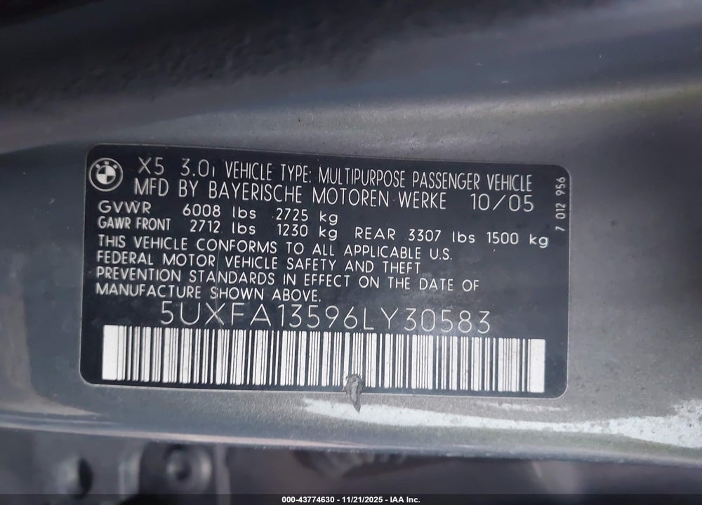 2006 BMW X5 3.0I VIN: 5UXFA13596LY30583