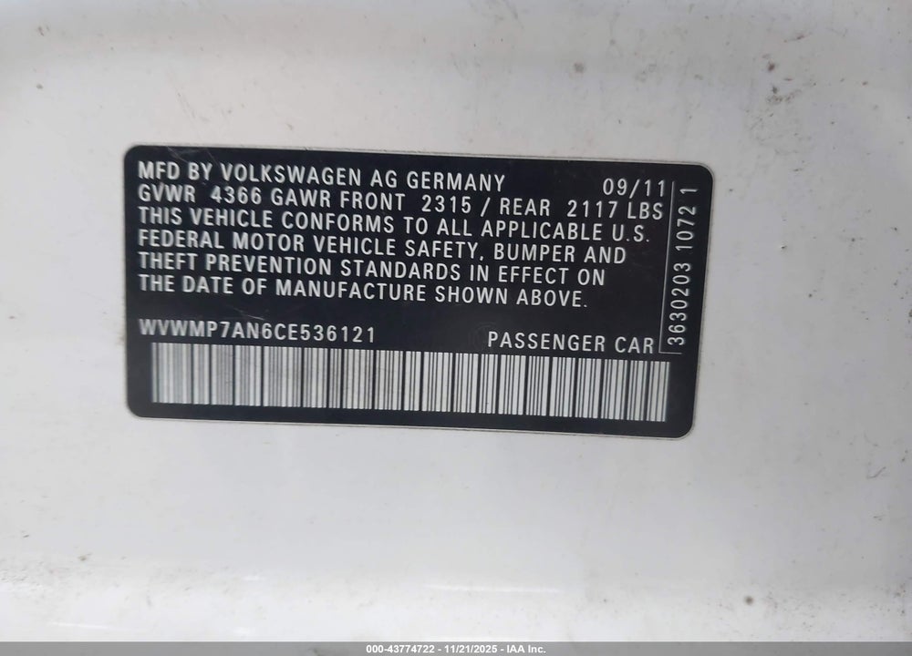 2012 VOLKSWAGEN CC SPORT VIN: WVWMP7AN6CE536121