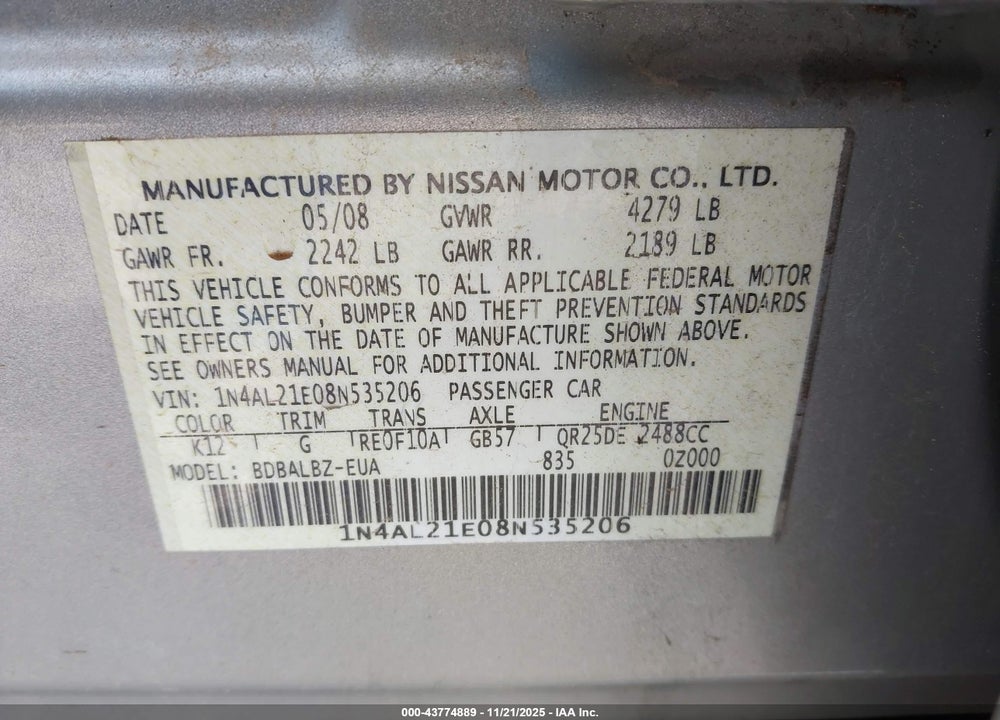 2008 NISSAN ALTIMA 2.5 S VIN: 1N4AL21E08N535206