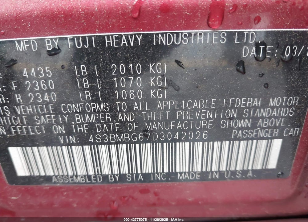 2013 SUBARU LEGACY 2.5 I SPORT VIN: 4S3BMBG67D3042026