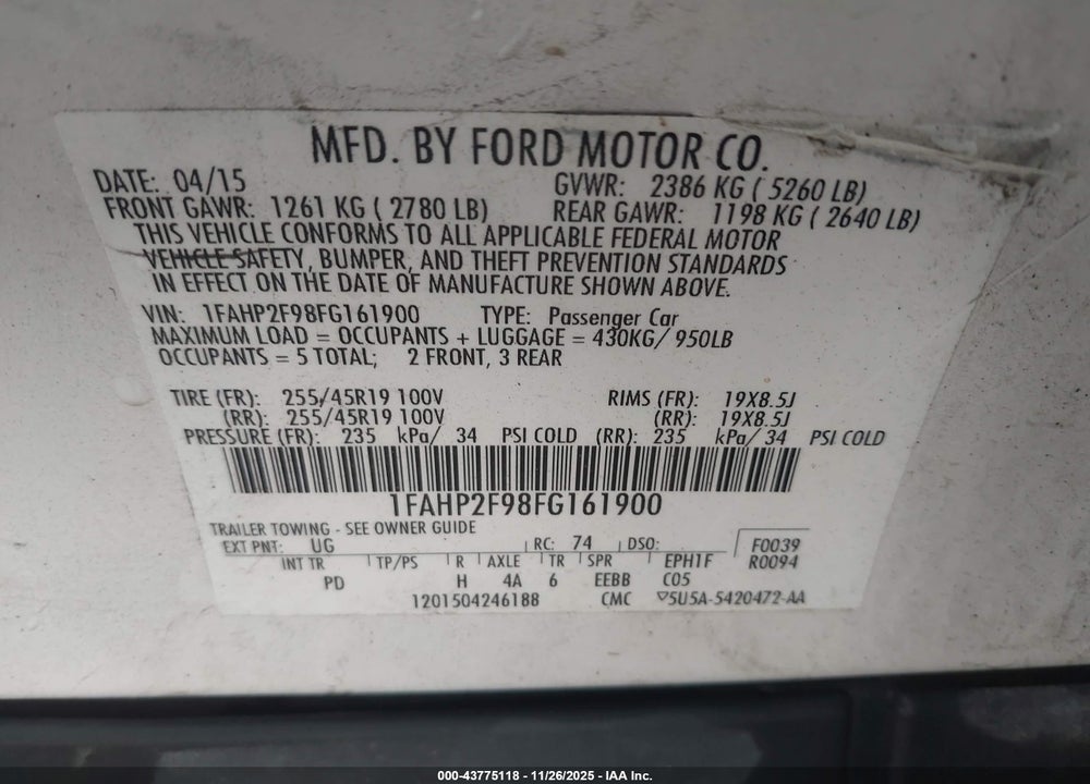 2015 FORD TAURUS LIMITED VIN: 1FAHP2F98FG161900